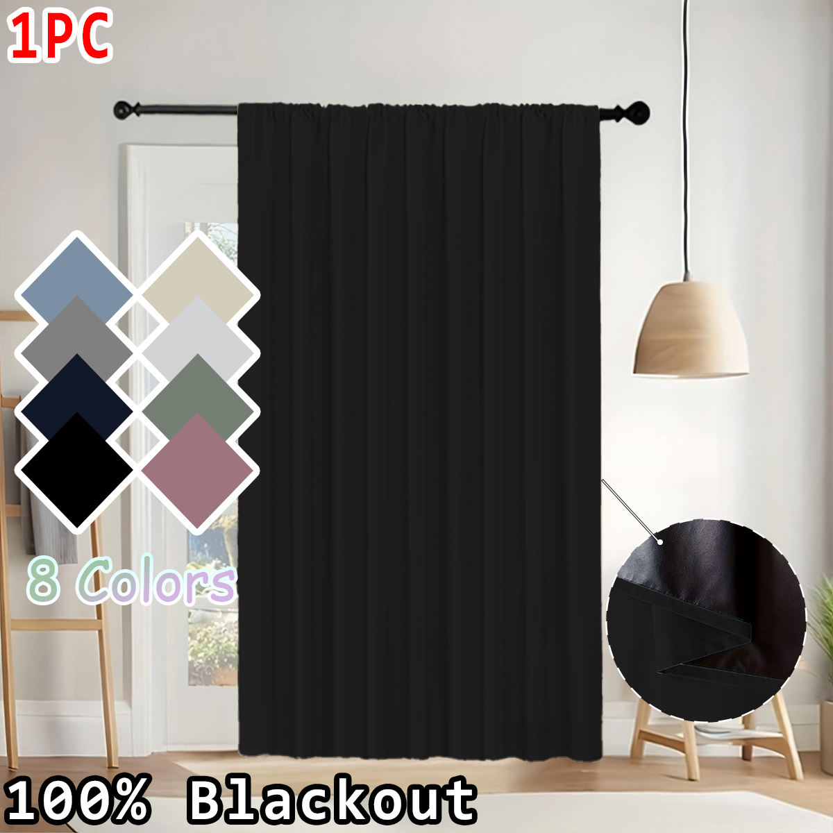 Blackout Curtains - ผ้าม่านสีทึบเรียบง่าย 1 ชิ้น ผ้าม่านแบบร็อดพ็อกเก็ต 100% ป้องกันแสง