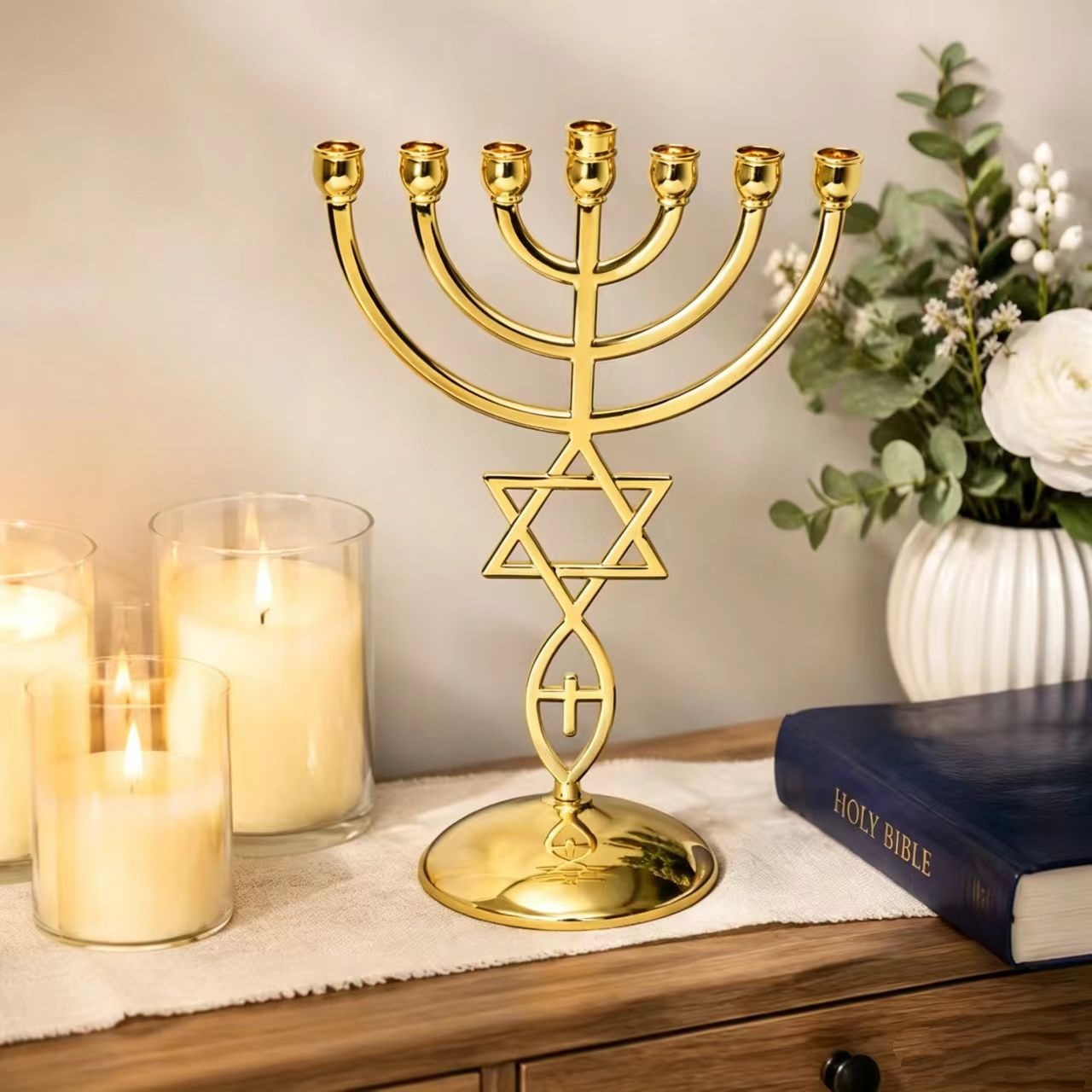 Home Decor In - ชุดเชิงเทียนเจ็ดหัวสำหรับเทศกาลฮานุคคาห์ รูปดาวเดวิด เชิงเทียนยิว ของตกแต่งบ้าน ของขวัญทางศาสนา
