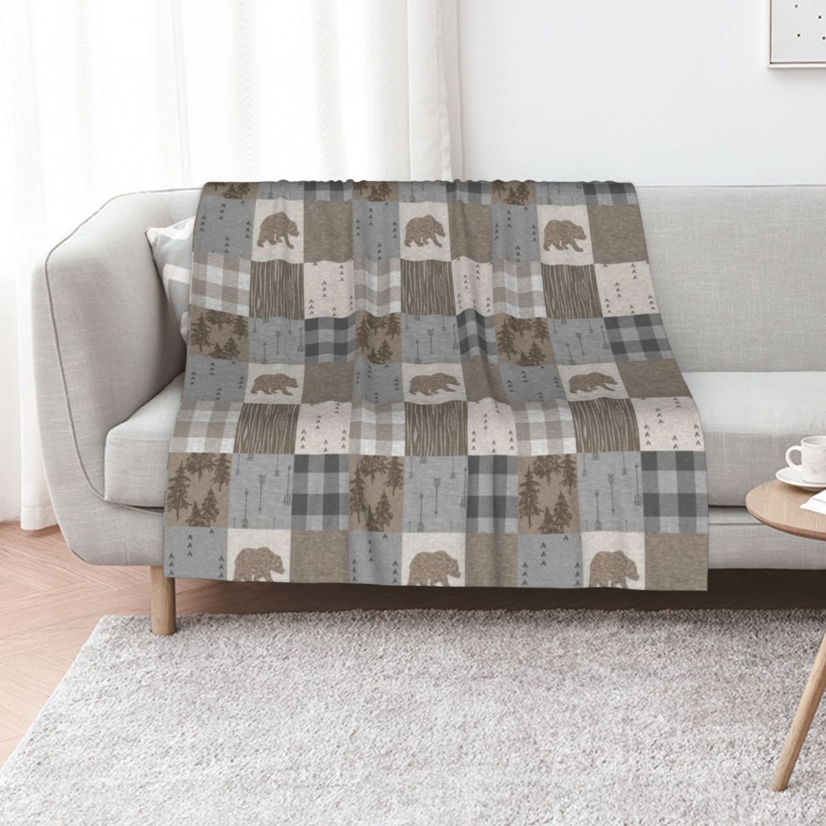 Neutral Throw Blanket - ผ้าห่มลายแพทช์เวิร์คหมี - ผ้าห่มโทนสีน้ำตาลอ่อนสไตล์ชนบท ของขวัญคริสต์มาส ผ้าห่มฟลานเนลนุ่มสบายสำหรับโซฟา ผ้าห่มขนนุ่มขนาดใหญ่