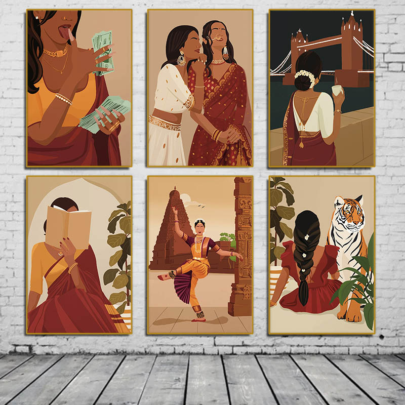 Home Decor Japandi - ผู้หญิงอินเดียในชุดส่าหรีอ่านหนังสือภาพพอร์เทรตโปสเตอร์ผ้าใบภาพประกอบเด็กหญิงเอเชียใต้ภาพติดผนังสไตล์นอร์ดิกตกแต่งบ้าน