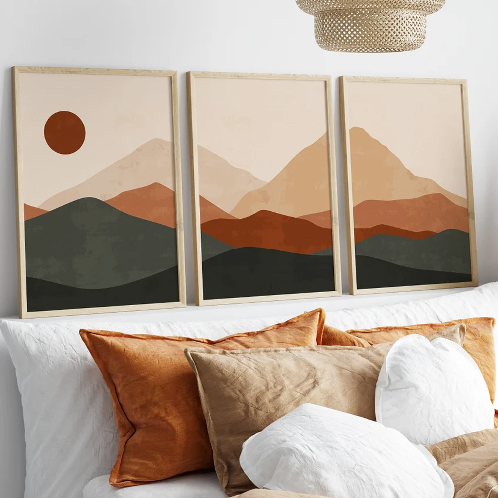 Home Decor Japandi - 3 ชิ้น/เซ็ต ภาพพิมพ์บนผ้าใบลายภูเขาพระอาทิตย์ขึ้นสไตล์โบฮีเมียน ภาพวิวทิวทัศน์ญี่ปุ่น โปสเตอร์ติดผนังสำหรับตกแต่งบ้านสมัยใหม่ ของขวัญ