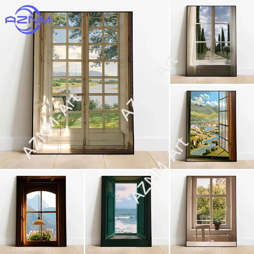 Home Decor Japandi - วิวทิวทัศน์สีเขียว วินโดวส์ วอลล์ อาร์ต โปสเตอร์ ธรรมชาติ