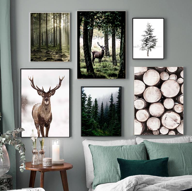 Home Decor Japandi - ฤดูหนาว หิมะ ป่า ไม้ ต้นไม้ กวาง