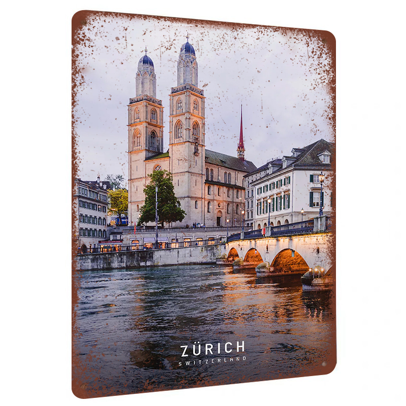 Home Decor Zurich - งานศิลปะติดผนังโลหะลายแลนด์มาร์คเมืองซูริก สวิตเซอร์แลนด์ ภาพวาดเหล็กตกแต่งลายวิวเมือง โบสถ์ สะพาน สำหรับตกแต่งบ้าน