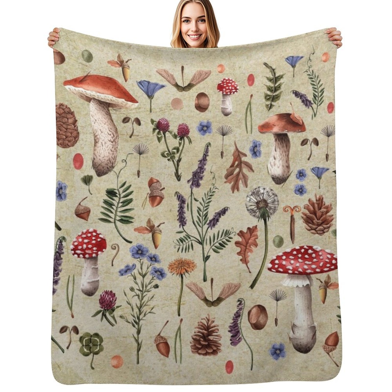 เห็ดพฤกษศาสตร์ย้อนยุค ดอกไม้ป่ - Neutral Throw Blanket บทวิจารณ์และราคา