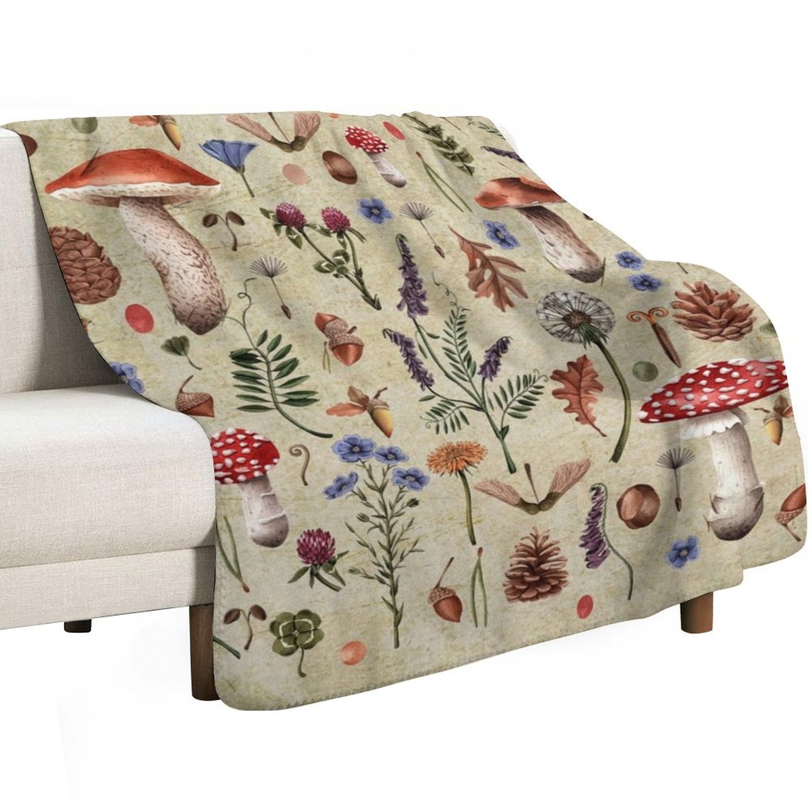 เห็ดพฤกษศาสตร์ย้อนยุค ดอกไม้ป่ - Neutral Throw Blanket บทวิจารณ์และราคา